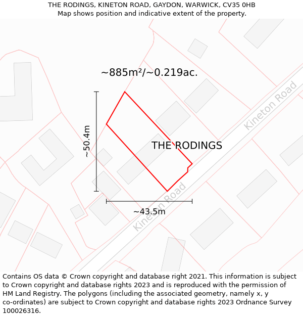 THE RODINGS, KINETON ROAD, GAYDON, WARWICK, CV35 0HB: Plot and title map