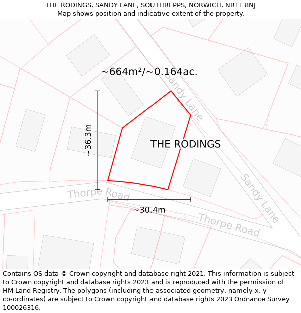 THE RODINGS, SANDY LANE, SOUTHREPPS, NORWICH, NR11 8NJ: Plot and title map