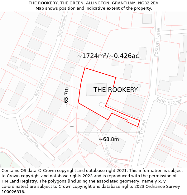 THE ROOKERY, THE GREEN, ALLINGTON, GRANTHAM, NG32 2EA: Plot and title map