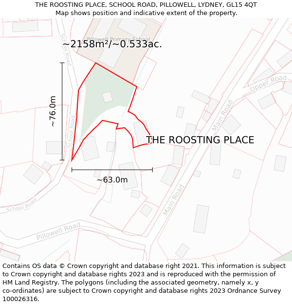 THE ROOSTING PLACE, SCHOOL ROAD, PILLOWELL, LYDNEY, GL15 4QT: Plot and title map