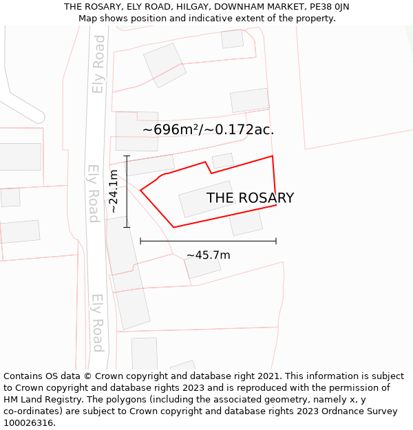 THE ROSARY, ELY ROAD, HILGAY, DOWNHAM MARKET, PE38 0JN: Plot and title map