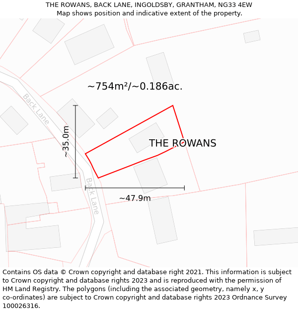 THE ROWANS, BACK LANE, INGOLDSBY, GRANTHAM, NG33 4EW: Plot and title map