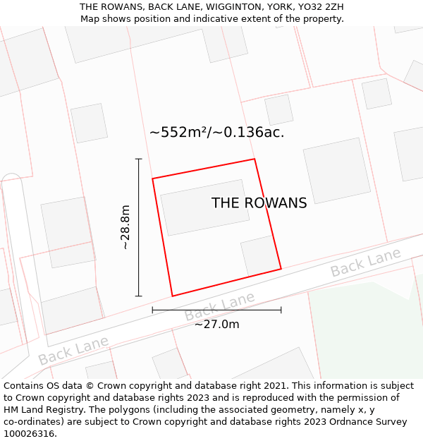 THE ROWANS, BACK LANE, WIGGINTON, YORK, YO32 2ZH: Plot and title map