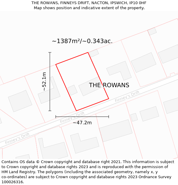 THE ROWANS, FINNEYS DRIFT, NACTON, IPSWICH, IP10 0HF: Plot and title map