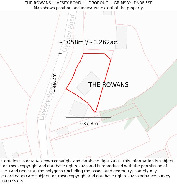 THE ROWANS, LIVESEY ROAD, LUDBOROUGH, GRIMSBY, DN36 5SF: Plot and title map