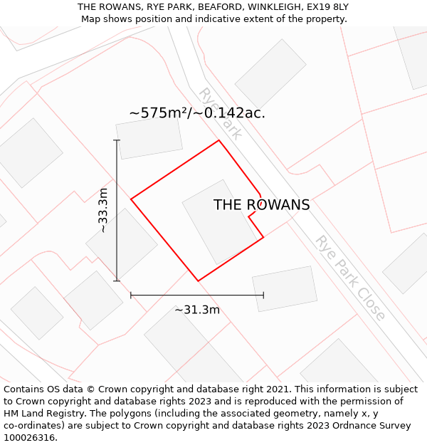 THE ROWANS, RYE PARK, BEAFORD, WINKLEIGH, EX19 8LY: Plot and title map