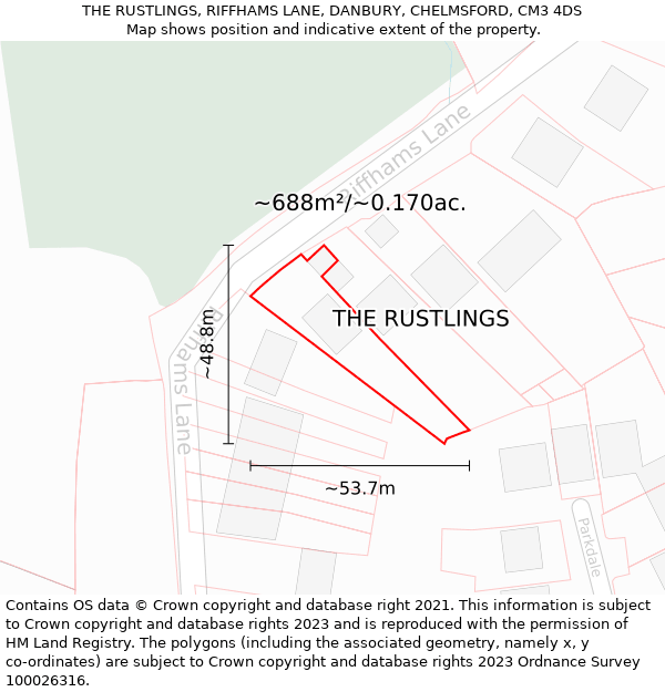 THE RUSTLINGS, RIFFHAMS LANE, DANBURY, CHELMSFORD, CM3 4DS: Plot and title map