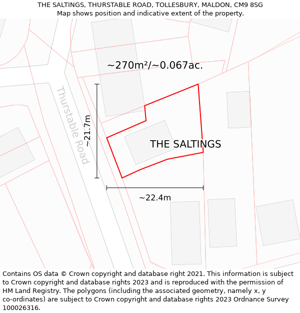 THE SALTINGS, THURSTABLE ROAD, TOLLESBURY, MALDON, CM9 8SG: Plot and title map