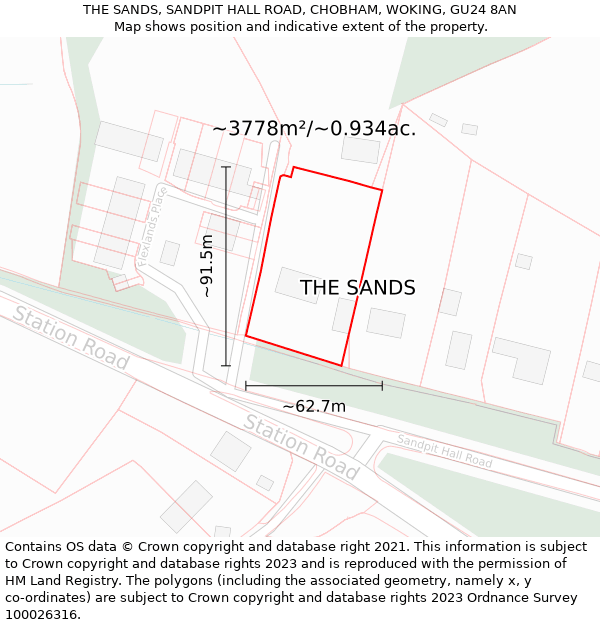 THE SANDS, SANDPIT HALL ROAD, CHOBHAM, WOKING, GU24 8AN: Plot and title map