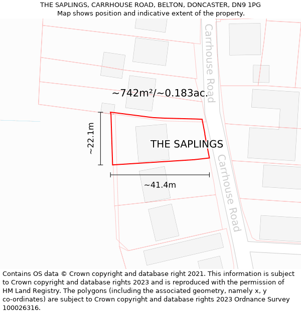 THE SAPLINGS, CARRHOUSE ROAD, BELTON, DONCASTER, DN9 1PG: Plot and title map