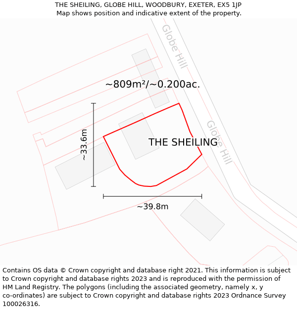 THE SHEILING, GLOBE HILL, WOODBURY, EXETER, EX5 1JP: Plot and title map