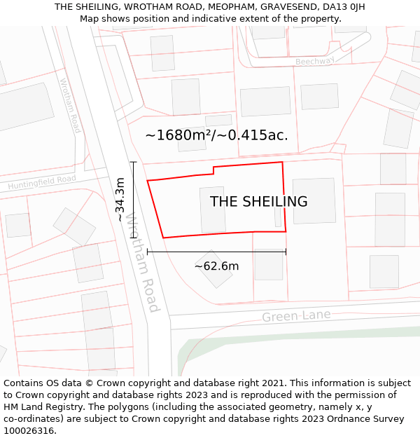 THE SHEILING, WROTHAM ROAD, MEOPHAM, GRAVESEND, DA13 0JH: Plot and title map