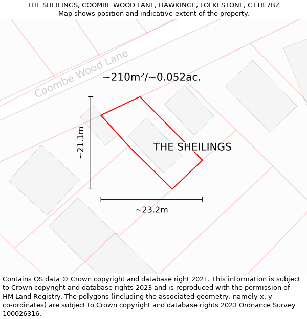 THE SHEILINGS, COOMBE WOOD LANE, HAWKINGE, FOLKESTONE, CT18 7BZ: Plot and title map