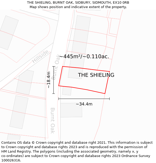 THE SHIELING, BURNT OAK, SIDBURY, SIDMOUTH, EX10 0RB: Plot and title map