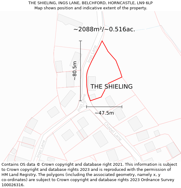 THE SHIELING, INGS LANE, BELCHFORD, HORNCASTLE, LN9 6LP: Plot and title map