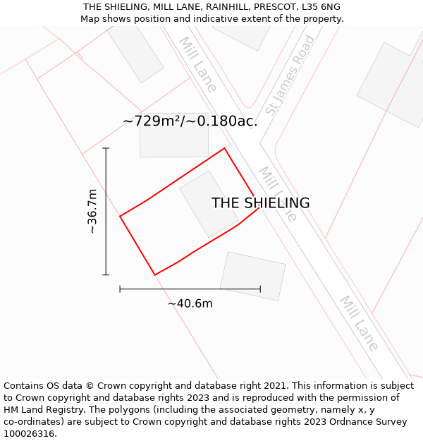 THE SHIELING, MILL LANE, RAINHILL, PRESCOT, L35 6NG: Plot and title map
