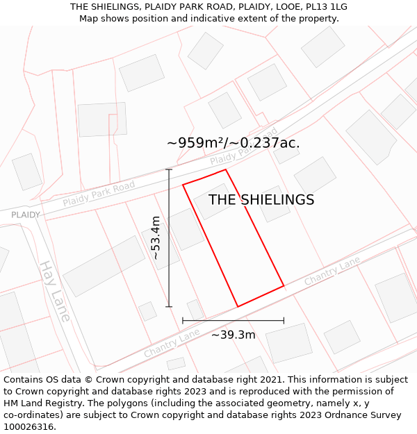 THE SHIELINGS, PLAIDY PARK ROAD, PLAIDY, LOOE, PL13 1LG: Plot and title map