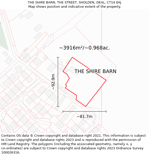 THE SHIRE BARN, THE STREET, SHOLDEN, DEAL, CT14 0AJ: Plot and title map