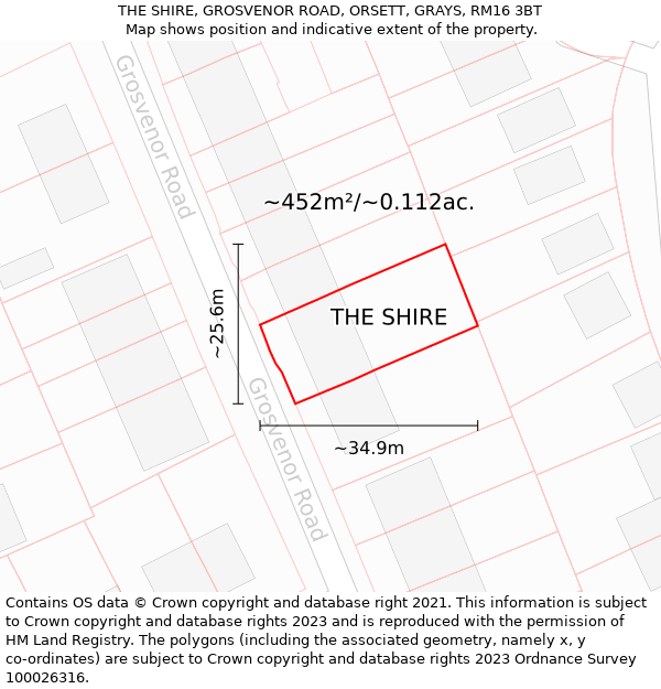 THE SHIRE, GROSVENOR ROAD, ORSETT, GRAYS, RM16 3BT: Plot and title map