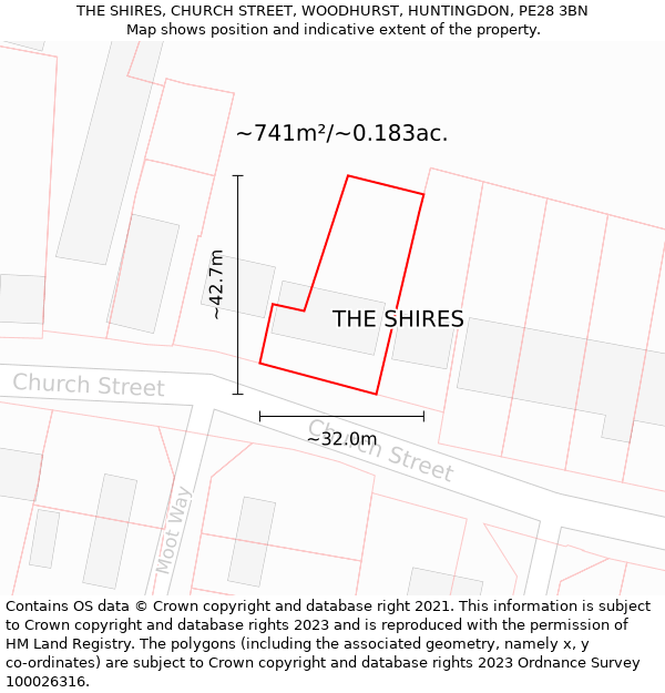 THE SHIRES, CHURCH STREET, WOODHURST, HUNTINGDON, PE28 3BN: Plot and title map