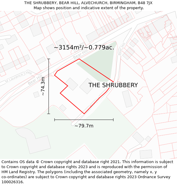 THE SHRUBBERY, BEAR HILL, ALVECHURCH, BIRMINGHAM, B48 7JX: Plot and title map