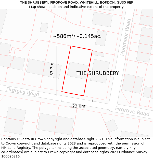 THE SHRUBBERY, FIRGROVE ROAD, WHITEHILL, BORDON, GU35 9EF: Plot and title map