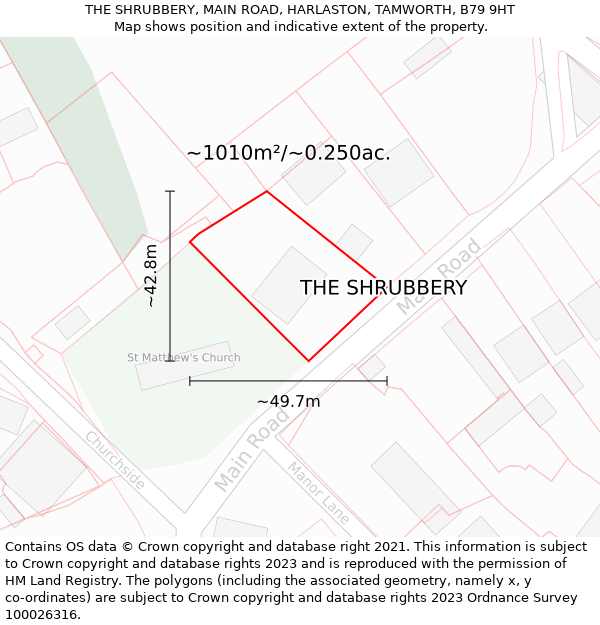 THE SHRUBBERY, MAIN ROAD, HARLASTON, TAMWORTH, B79 9HT: Plot and title map