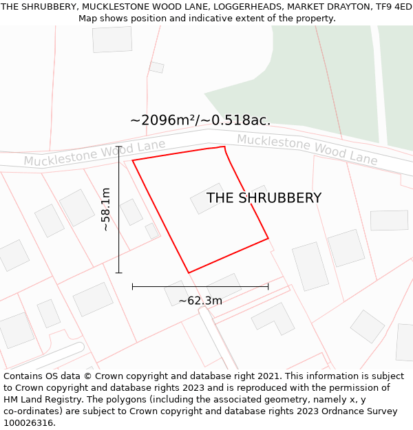 THE SHRUBBERY, MUCKLESTONE WOOD LANE, LOGGERHEADS, MARKET DRAYTON, TF9 4ED: Plot and title map