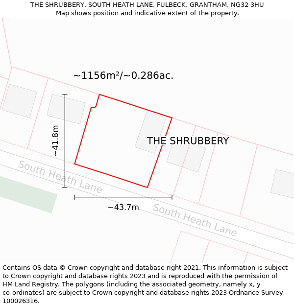 THE SHRUBBERY, SOUTH HEATH LANE, FULBECK, GRANTHAM, NG32 3HU: Plot and title map