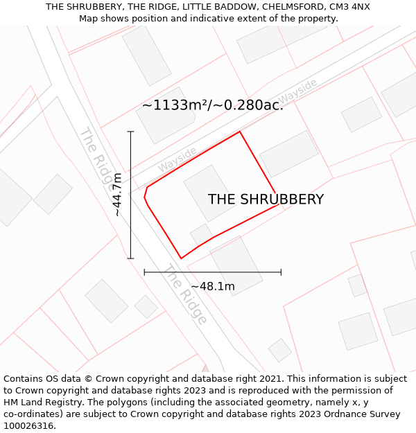 THE SHRUBBERY, THE RIDGE, LITTLE BADDOW, CHELMSFORD, CM3 4NX: Plot and title map
