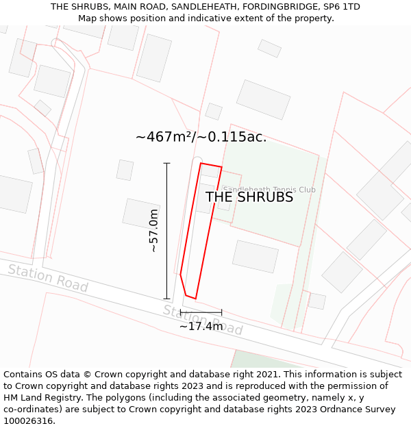 THE SHRUBS, MAIN ROAD, SANDLEHEATH, FORDINGBRIDGE, SP6 1TD: Plot and title map