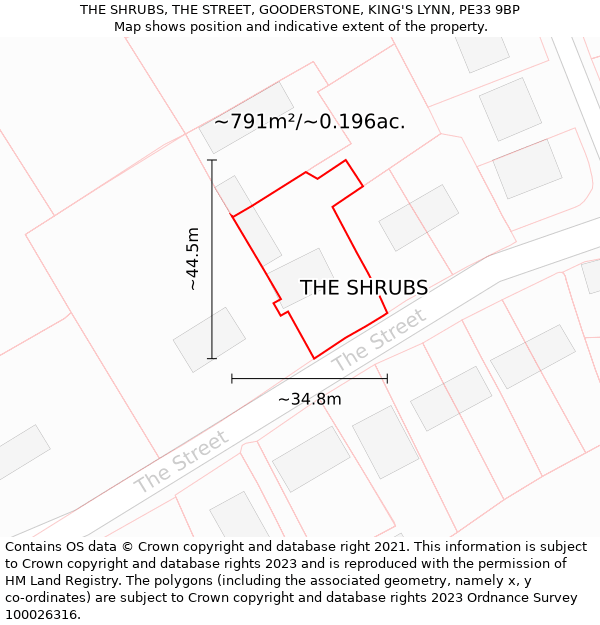 THE SHRUBS, THE STREET, GOODERSTONE, KING'S LYNN, PE33 9BP: Plot and title map