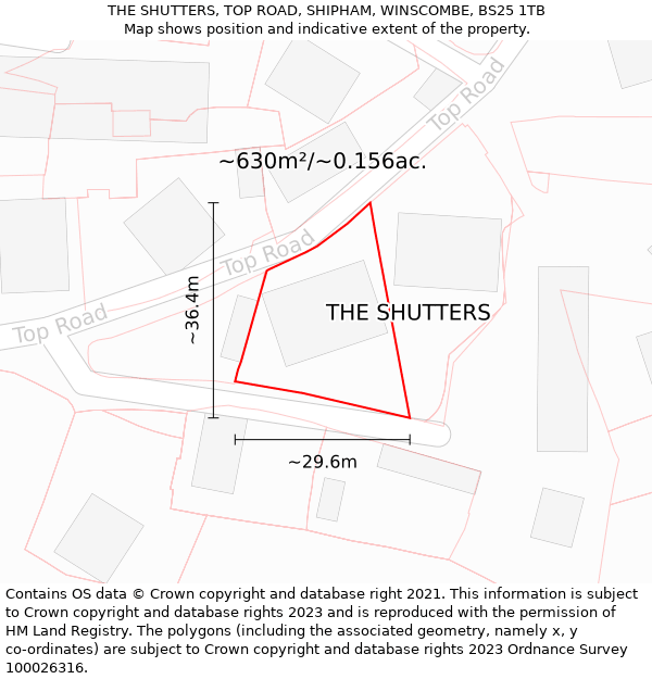 THE SHUTTERS, TOP ROAD, SHIPHAM, WINSCOMBE, BS25 1TB: Plot and title map