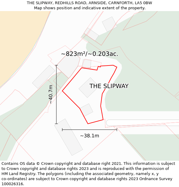 THE SLIPWAY, REDHILLS ROAD, ARNSIDE, CARNFORTH, LA5 0BW: Plot and title map
