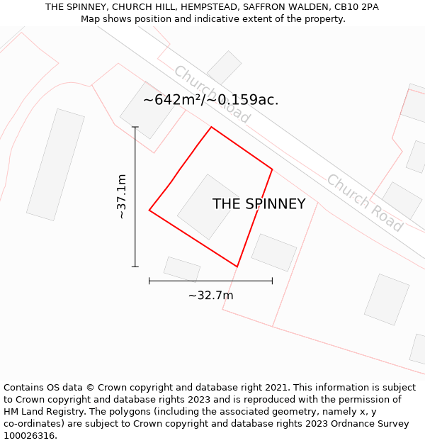 THE SPINNEY, CHURCH HILL, HEMPSTEAD, SAFFRON WALDEN, CB10 2PA: Plot and title map