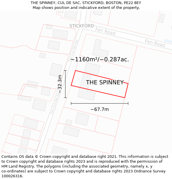 THE SPINNEY, CUL DE SAC, STICKFORD, BOSTON, PE22 8EY: Plot and title map