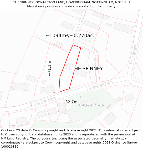 THE SPINNEY, GONALSTON LANE, HOVERINGHAM, NOTTINGHAM, NG14 7JH: Plot and title map