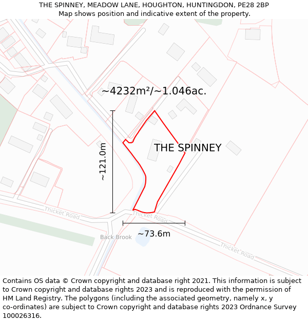 THE SPINNEY, MEADOW LANE, HOUGHTON, HUNTINGDON, PE28 2BP: Plot and title map