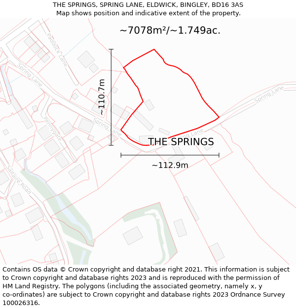 THE SPRINGS, SPRING LANE, ELDWICK, BINGLEY, BD16 3AS: Plot and title map