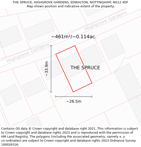 THE SPRUCE, HIGHGROVE GARDENS, EDWALTON, NOTTINGHAM, NG12 4DF: Plot and title map