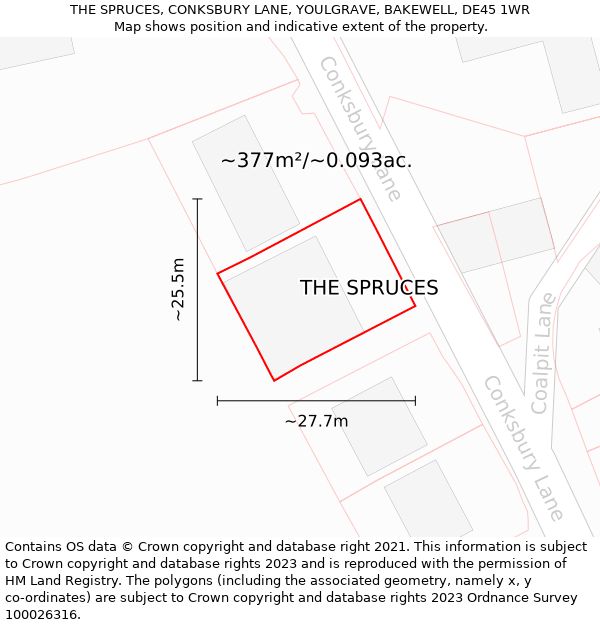 THE SPRUCES, CONKSBURY LANE, YOULGRAVE, BAKEWELL, DE45 1WR: Plot and title map