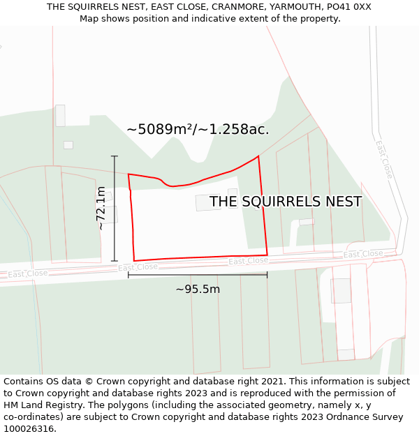 THE SQUIRRELS NEST, EAST CLOSE, CRANMORE, YARMOUTH, PO41 0XX: Plot and title map