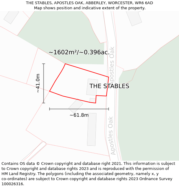 THE STABLES, APOSTLES OAK, ABBERLEY, WORCESTER, WR6 6AD: Plot and title map