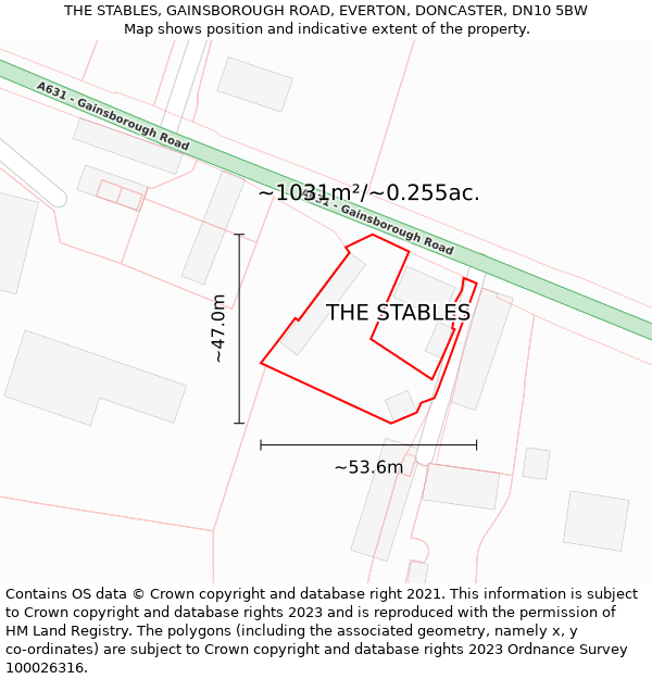 THE STABLES, GAINSBOROUGH ROAD, EVERTON, DONCASTER, DN10 5BW: Plot and title map