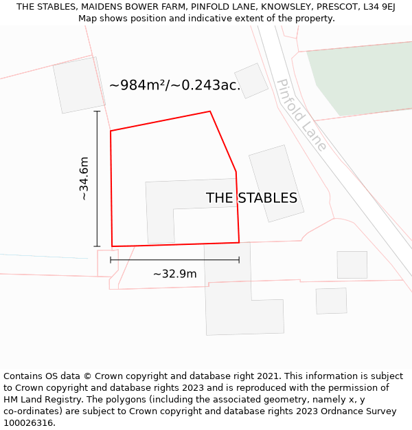 THE STABLES, MAIDENS BOWER FARM, PINFOLD LANE, KNOWSLEY, PRESCOT, L34 9EJ: Plot and title map