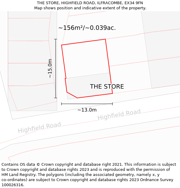 THE STORE, HIGHFIELD ROAD, ILFRACOMBE, EX34 9FN: Plot and title map