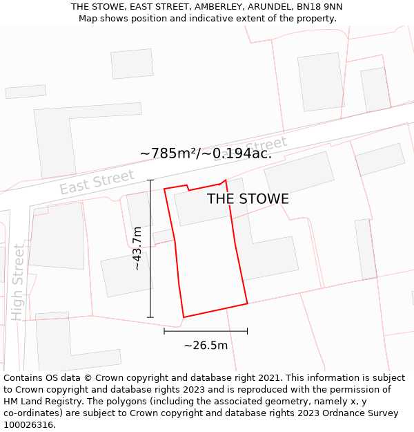 THE STOWE, EAST STREET, AMBERLEY, ARUNDEL, BN18 9NN: Plot and title map