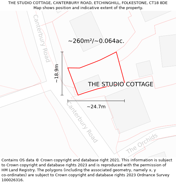 THE STUDIO COTTAGE, CANTERBURY ROAD, ETCHINGHILL, FOLKESTONE, CT18 8DE: Plot and title map