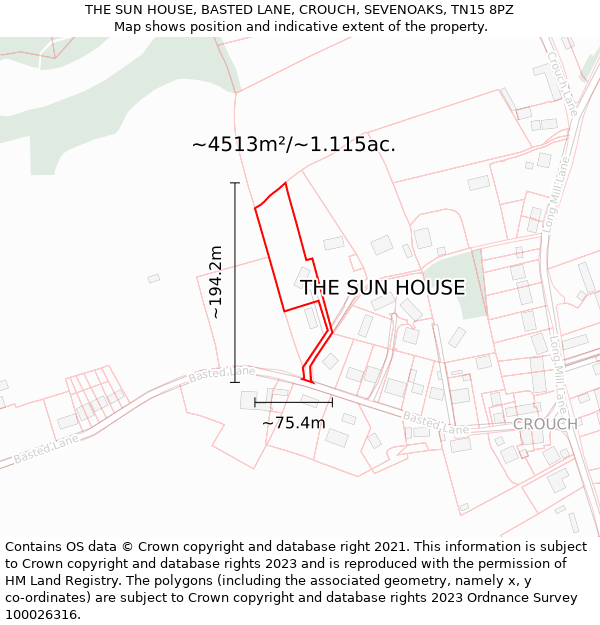 THE SUN HOUSE, BASTED LANE, CROUCH, SEVENOAKS, TN15 8PZ: Plot and title map