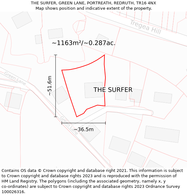 THE SURFER, GREEN LANE, PORTREATH, REDRUTH, TR16 4NX: Plot and title map